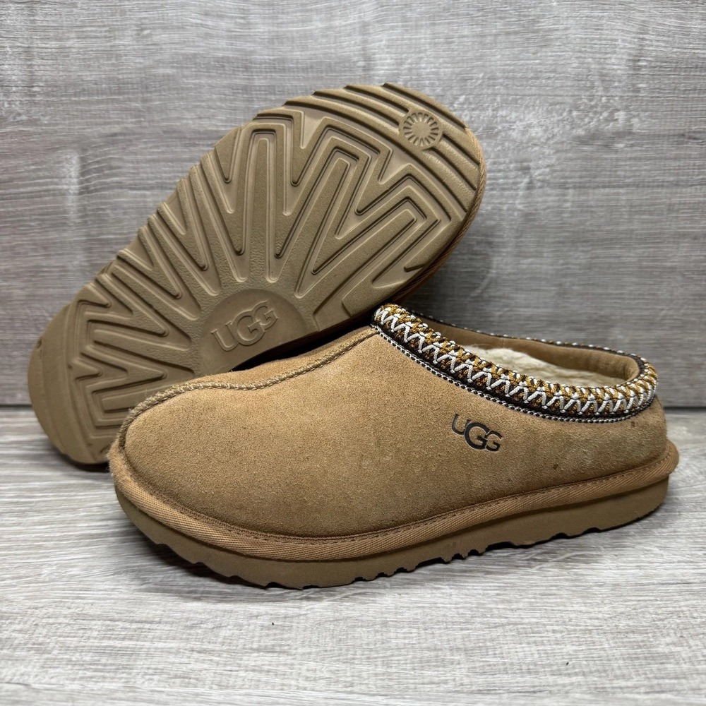UGG Tasman Slippers Kids Size 3 Chestnut Brown Suede Braided Trim 1019066K